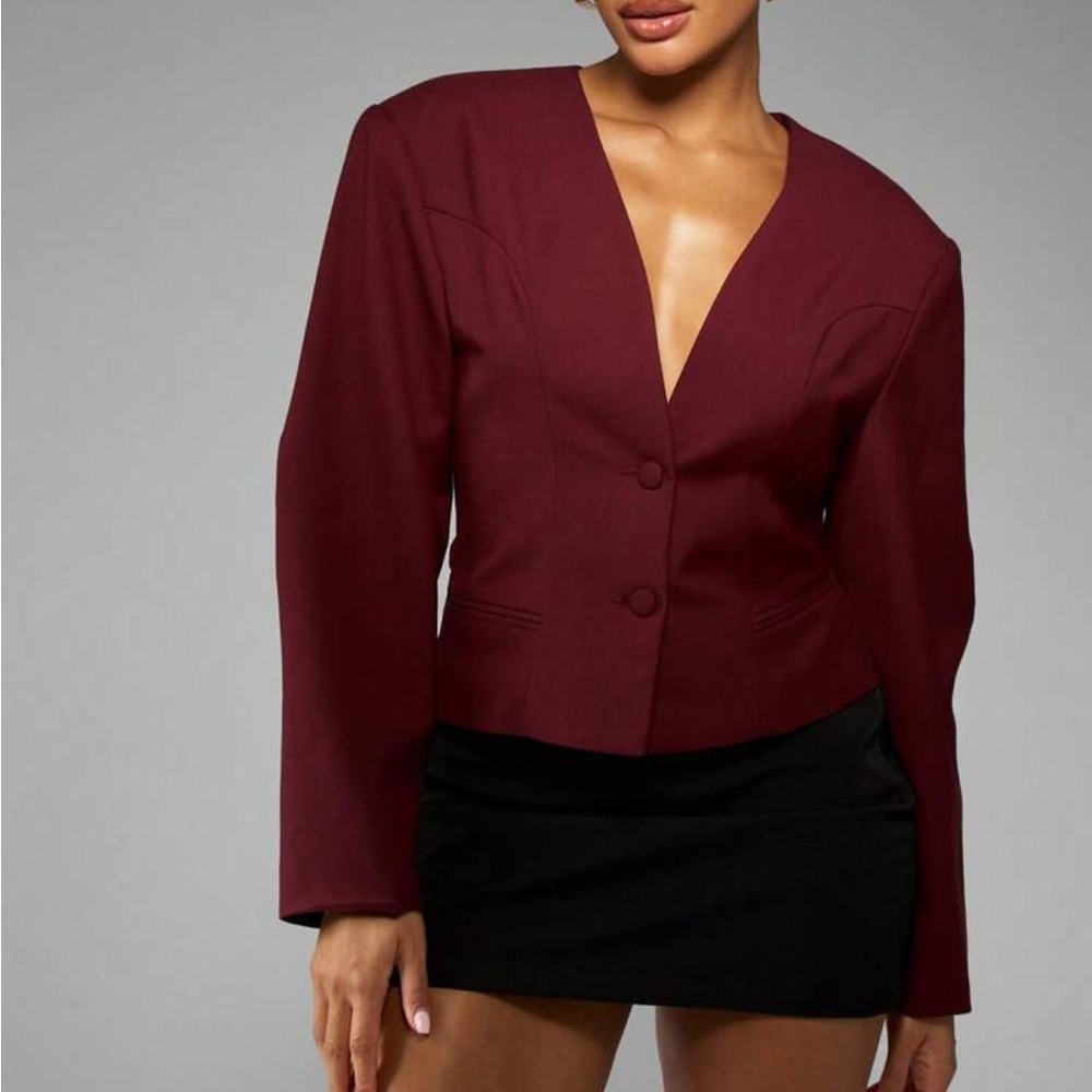 V neck burgundy maroon button front collarless blazer cardigan puff sleeve - Picture 2 of 5